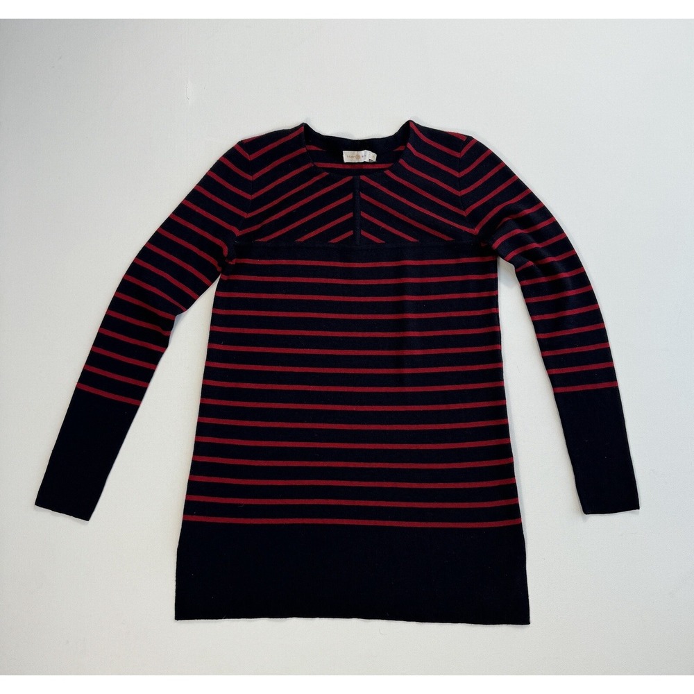 Tory Burch 100% Merino Wool Sweater Small Red Navy Blue Striped Crew Neck Knit